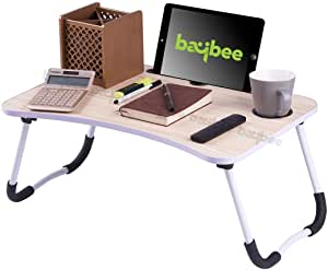BAYBEE Smart Multi-Purpose Wooden Laptop Table and Cup Holder Study Table, Bed Table,Foldable,Gaming Table,Ergonomic & Rounded Edges Non-Slip Legs