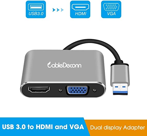 CABLEDECONN USB3.0 to HDMI VGA Adapter HD 1080P Video Graphics Converter Windows 7/8/10 Only,Support HDMI VGA Display simultaneously (USB3.0 HDMI VGA, Gray)