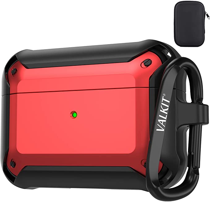 Valkit Compatible AirPods Pro Case,Shockproof Rugged Protective Full-Body Drop Resistant Cover Heavy Duty Case Men Women with Keychain for Airpods Pro Charging Case [Front LED Visible] - Black/Red