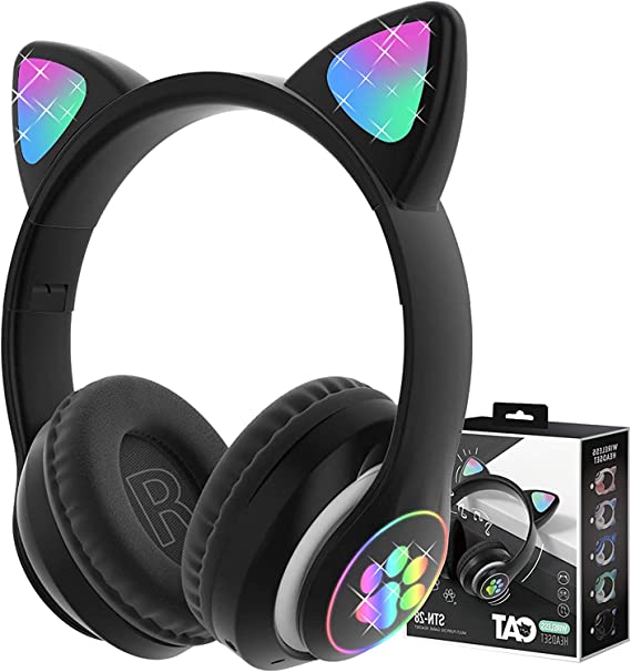 Kids Headphones, LAIBUY Cat Ear LED Light Up Foldable Bluetooth Headphone for Kids,2 in 1 Wired/Wireless Mode HD Stereo Sound for PC/Phone/iPad/Study/Travel