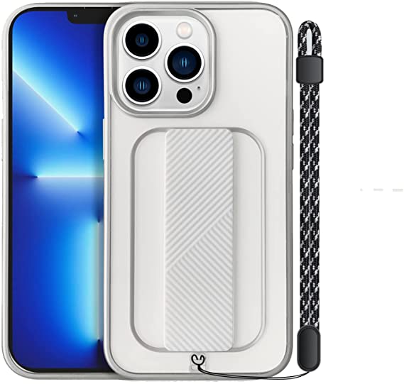 Clear Case for iPhone 13 Pro Max 6.7 inch with Finger Grip Band and Wrist Strap Lanyard Soft TPU Shockproof Electroplated Bumper Cover for iPhone 13 Pro Max (White)