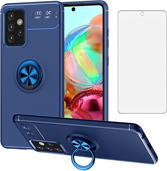 Asuwish Compatible with Samsung Galaxy A52 5G/4G Case and Tempered Glass Screen Protector Cover Cell Accessories Kickstand Ring Holder Soft TPU Phone Cases for Glaxay A 52 G5 Gaxaly 52A S52 X52 Blue