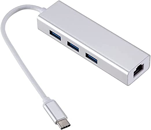 USB Type-C to USB Hub and Ethernet Rj45 LAN Adapter, 3 Ports USB3 - Silver and White