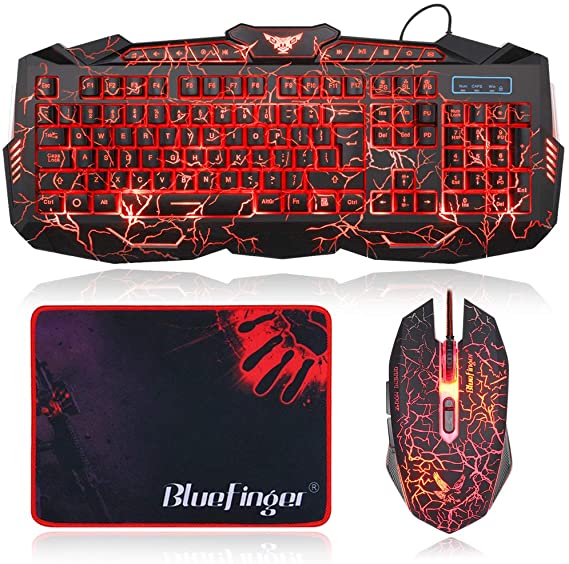 BlueFinger Backlit Gaming Keyboard and Mouse Combo,USB Wired Backlit Keyboard Mouse Game Set,Multimedia Keys,3 Color LED Illumination Keyboard Mouse for Game and Work