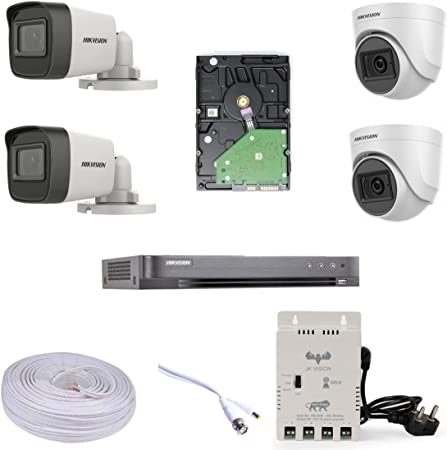 HIKVISION Pure 5MP CCTV Camera Full Set 2 Bullet Cameras + 2 Dome Cameras+2TB Hard DISC+ Wire ROLL + 4 Channel SMPS Compatible with J.K.Vision BNC