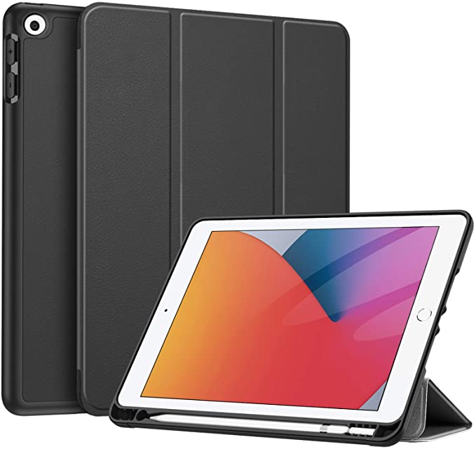 Fintie SlimShell Case for New iPad 8th Gen (2020) / 7th Generation (2019) 10.2 Inch - [Built-in Pencil Holder] Soft TPU Protective Stand Back Cover with Auto Wake/Sleep, Black