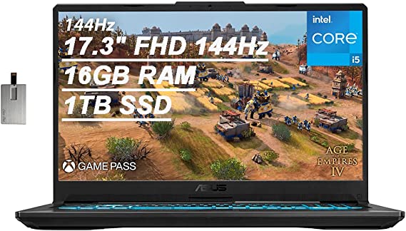 2021 ASUS TUF Gaming 17.3" FHD 144Hz Laptop Computer, Intel Core i5-11260H (Beats i7-8750H), 16GB RAM, 1TB PCIe SSD, RGB Backlit Keyboard, GeForce RTX 3050 Graphics, Windows 10, Grey, 32GB USB Card