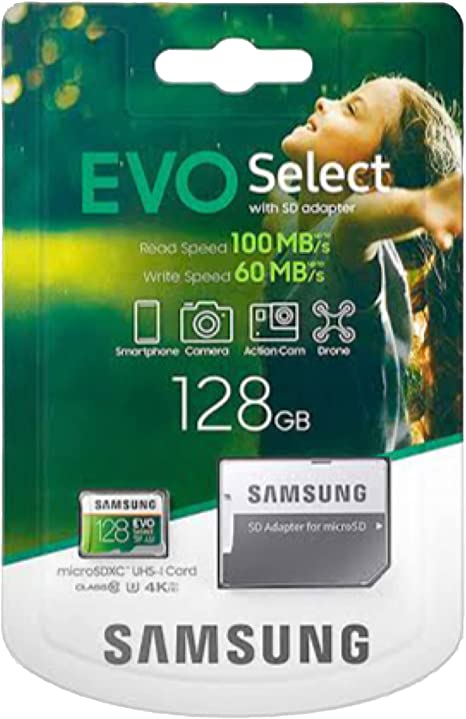 128GB memory card 100MB/s (U3) MicroSDXC EVO Select with Full-Size Adapter for Samsung, Huawei, Oppo, Android, Laptops, Cameras, Dell, Lenovo, HP, Microsoft surface and more