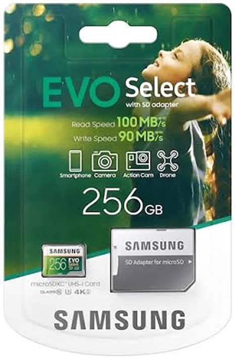 256GB memory card 100MB/s (U3) MicroSDXC EVO Select with Full-Size Adapter for Samsung, Huawei, Oppo, Android, Laptops, Cameras, Dell, Lenovo, HP, Microsoft surface and more