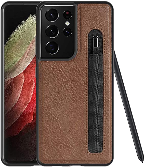 DNGN Designed for Samsung Galaxy S21 Ultra Case Compatible S-Pen Built-in,PU Leather Case Has Pen Storage Holder [Only Case Not Include Pen](Brown)
