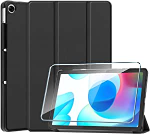 PZEMIN For Realme Pad (10.4 Inch) Case + Tempered Glass Screen Protector - Flip Leather Case Leather Shell PU Case Cover Protector (Black)