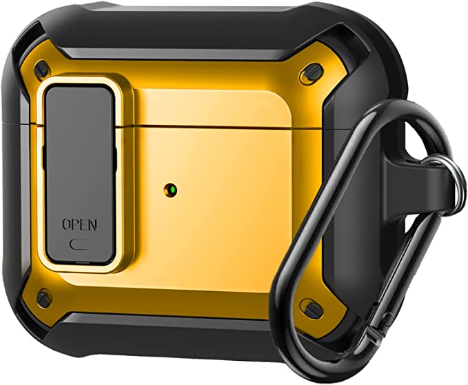 Olytop Airpods 3 Generation Case with Lock 2021, Armor Military Full-Body Rugged AirPod 3 Protective Case Shockproof Skin Cover Men with Keychain for Apple Airpods 3rd Generation Case-Black/Yellow