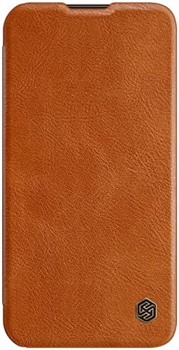 Nillkin Case for Apple iPhone 13 (6.1" Inch) Qin Pro Camshield Camera Slider Genuine Classic Leather Flip Folio + Card Slot Brown Color