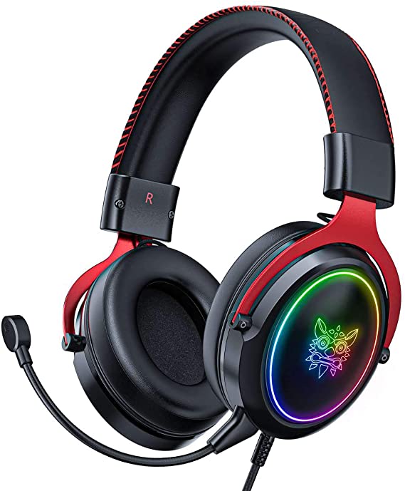 MOSHOU for ONIKUMA X10 Gaming Headset with Detachable Noise Cancellation Mic, LED Light, 50mm Large Drivers Over-Ear Headphone for PC, Xbox, Playstation (Black-Red)