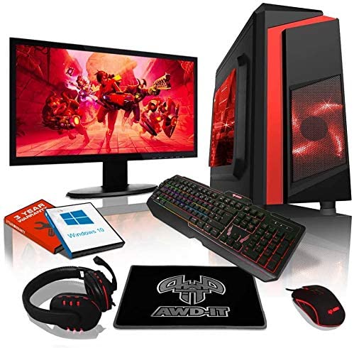 AWD-IT Gaming PC Bundle - AMD Ryzen 5 Pro 3350G Quad Core Processor • 24" LED Display • Gaming Keyboard & Mouse • 8GB • 1TB • Red LED Case • WiFi • Windows 10