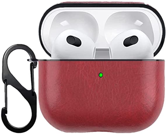 Leather Case Compatible with AirPods 3rd Generation Case Cover 2021, Durable Leather Shockproof Protective Cover with Keychain Hook for Apple AirPods 3 Wireless Charging Case (Red)