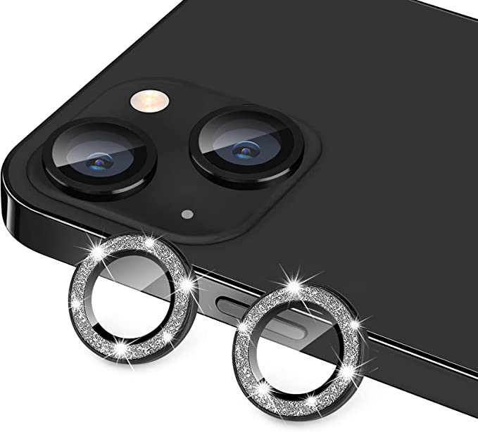 Hsefo for iPhone 13 Mini & iPhone 13 Camera Lens Protector, Bling Glitter 9H Tempered Glass Camera Cover Anti Scratch Shockproof Screen Protector Individual Ring - 2Pcs Glitter Black