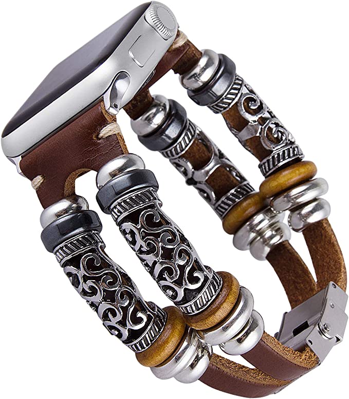Vikoros Vintage Leather Strap Compatible with Apple Watch 38mm 40mm 42mm 44mm, Handmade Boho Fancy Cuff Bracelet Replacement Wristband for iWatch Series 5/4/3/2/1 Sport Women
