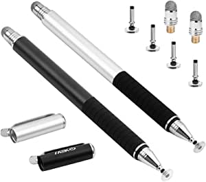 MEKO(TM) (2 Pcs)[2 in 1 Precision Series] Disc Stylus/Styli Bundle with 4 Replaceable Disc Tips, 2 Replaceable Fiber Tips for All Touch Screen Devices - (Black/Silver)