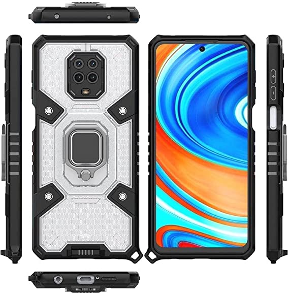 Cover Compatible with Xiaomi Redmi Note 9s, New Original cover From GrabMobily - Ironman Honeycomb Integrated Protection Shock Resistant TPU Case with Ring Holder and Mobile Strap