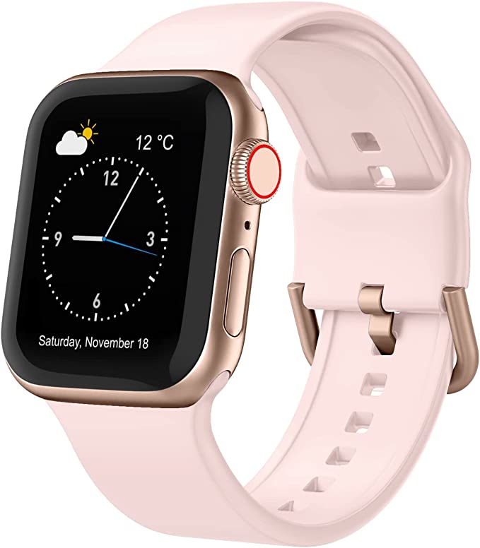 Sport Band Compatible with Apple Watch Bands 45mm 44mm 42mm, Soft Silicone Wristbands Replacement Strap with Classic Clasp for iWatch Series SE 7 6 5 4 3 2 1 for Women Men, Pink Sand 42/44/45mm