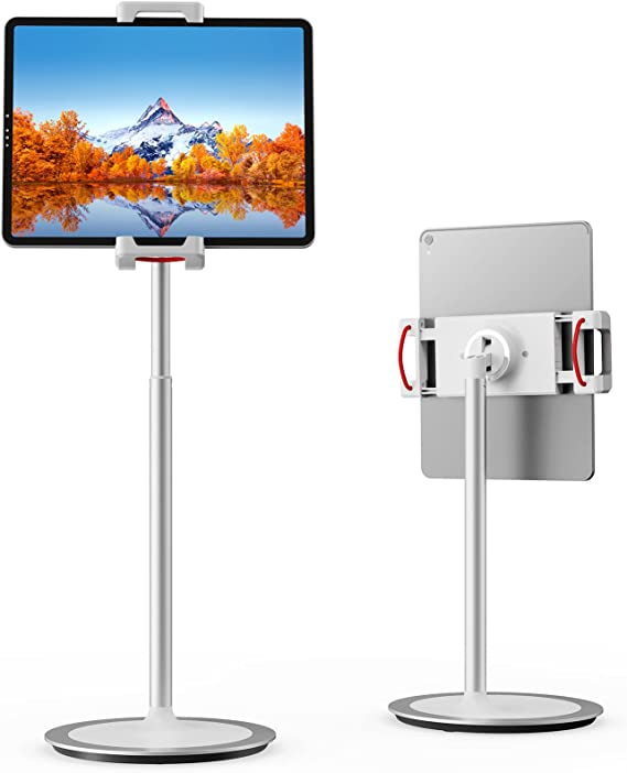 SAIJI Tablet Stand Holder, Height Adjustable, 360 Degree Rotating, Aluminum Alloy Cradle Mount Dock for 4.7"-12.9" Screen iPhone Samsung, iPad, Kindle, eBook Reader (Silver)
