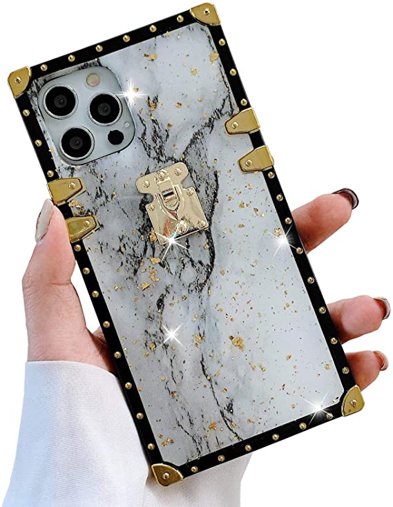 KERZZIL Compatible with iPhone 12/12 Pro Square Marble Case, Elegant Sparkle Shiny Bling Golden Foil Phone Case,Protective Back Cover Cases Design for Apple iPhone 12 6.1" (White + Black)