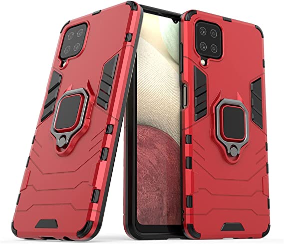 Compatible with Samsung Galaxy A12 Case, Metal Ring Grip Kickstand Shockproof Hard Bumper (Works with Magnetic Car Mount) Dual Layer Rugged Cover (Red)