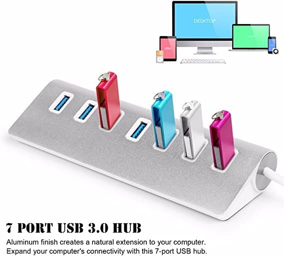 7 Port Portable Aluminum USB 3.0 Hub with 20" Cable for iMac, MacBook, MacBook Pro, MacBook Air, Mac Mini, or Any PC